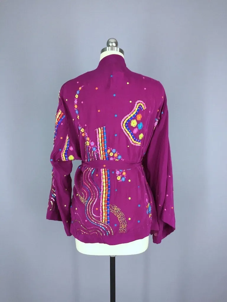 Silk Kimono Jacket / Vintage Indian Sari / Purple Embroidered Kimono