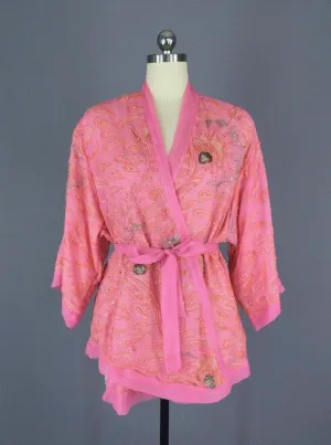 Silk Sari Kimono Jacket / Pink Beaded Sequins