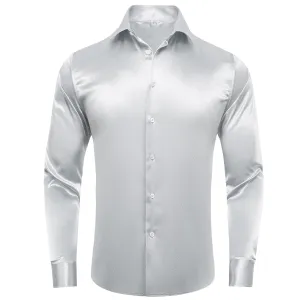 Silver Solid Satin Men's Long Sleeve Shirt