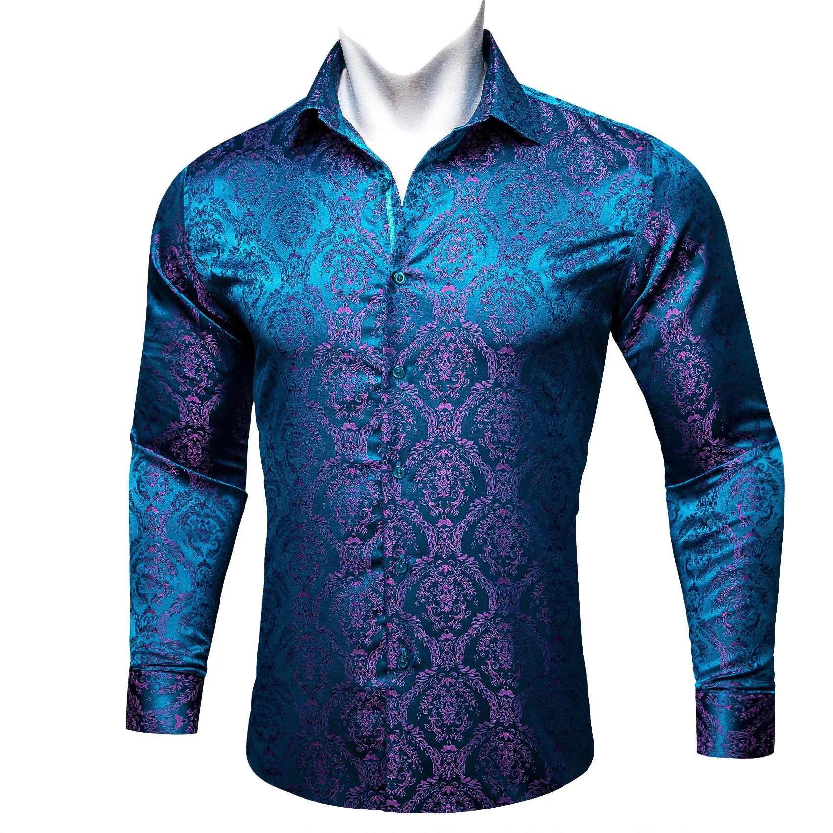 Sky Blue Pink Paisley Silk Men's Long Sleeve Shirt