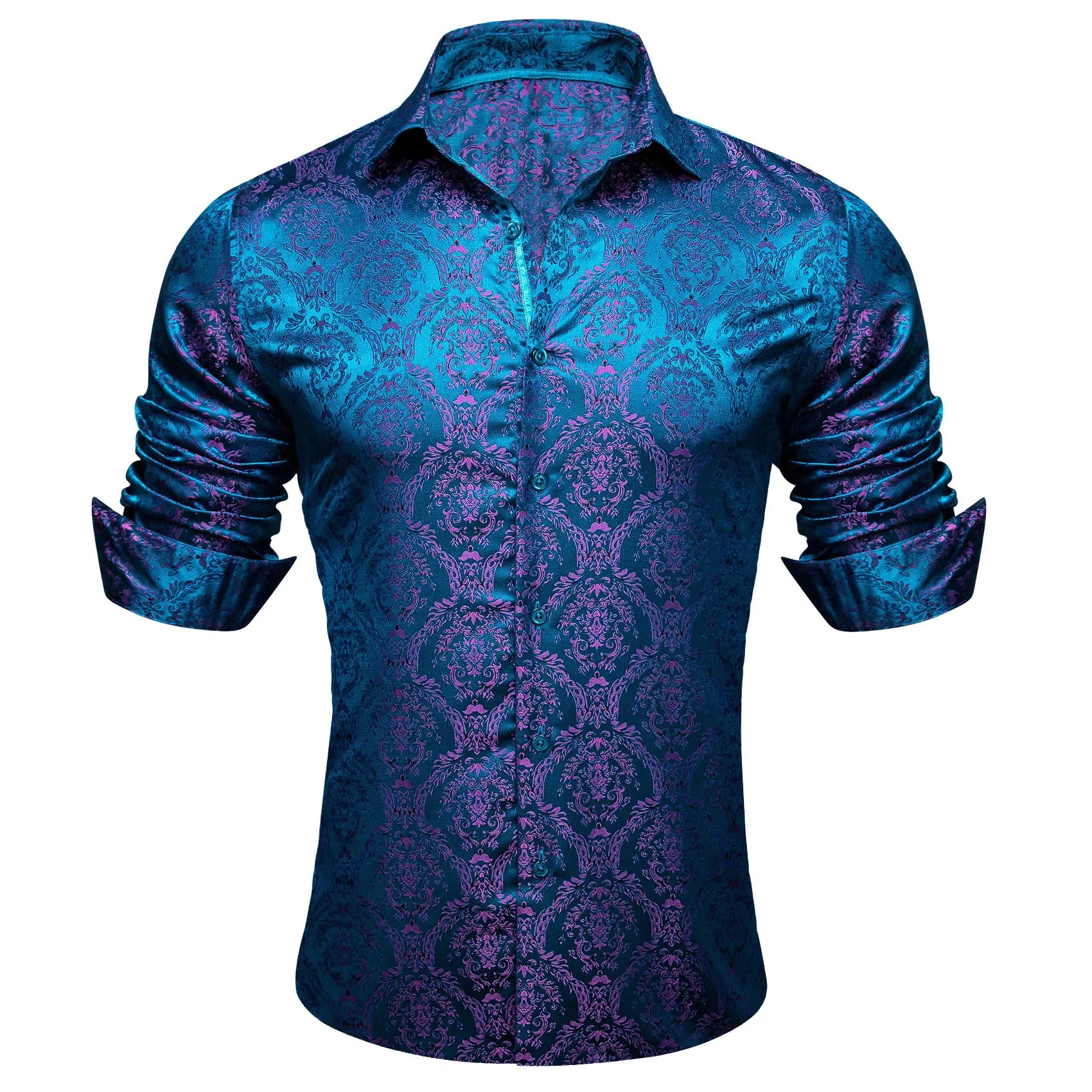 Sky Blue Pink Paisley Silk Men's Long Sleeve Shirt