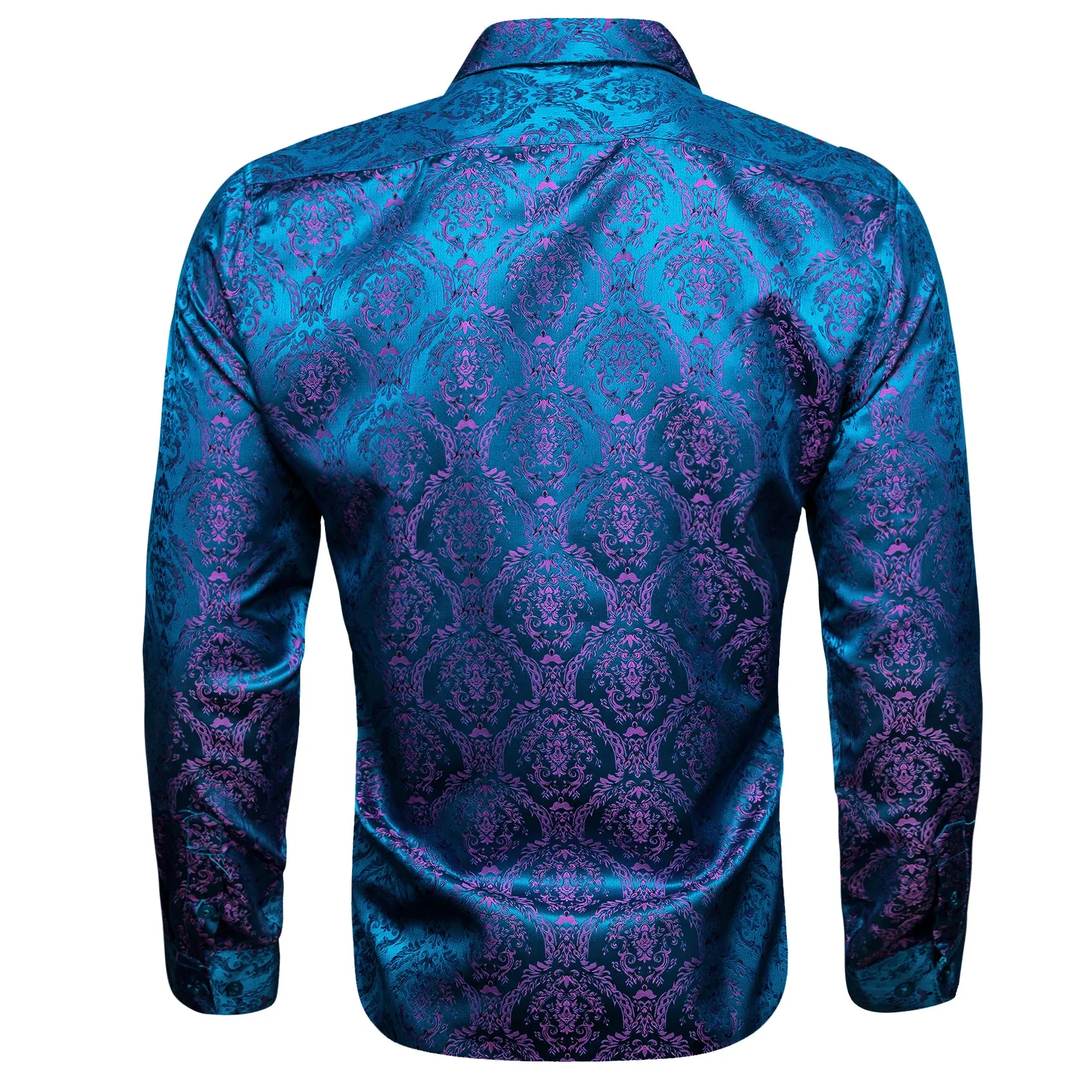 Sky Blue Pink Paisley Silk Men's Long Sleeve Shirt