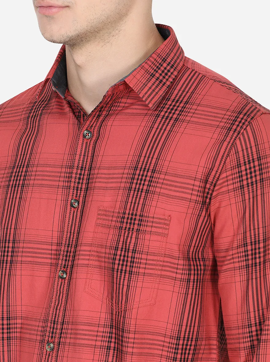 Spice Red Checked Slim Fit Semi Casual Shirt | JadeBlue