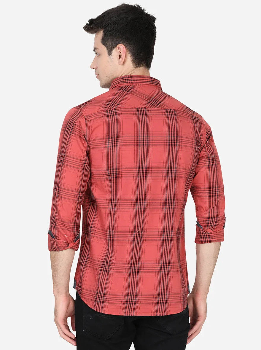 Spice Red Checked Slim Fit Semi Casual Shirt | JadeBlue