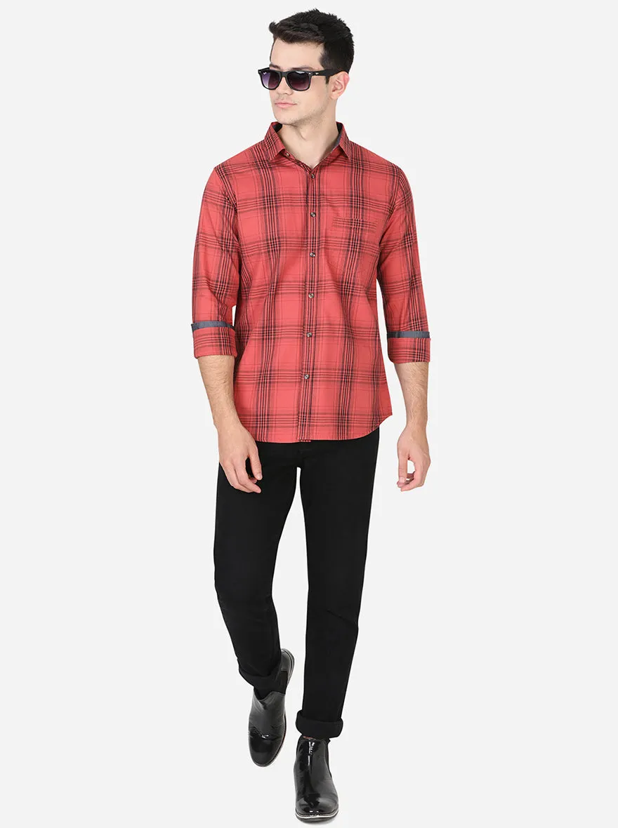 Spice Red Checked Slim Fit Semi Casual Shirt | JadeBlue