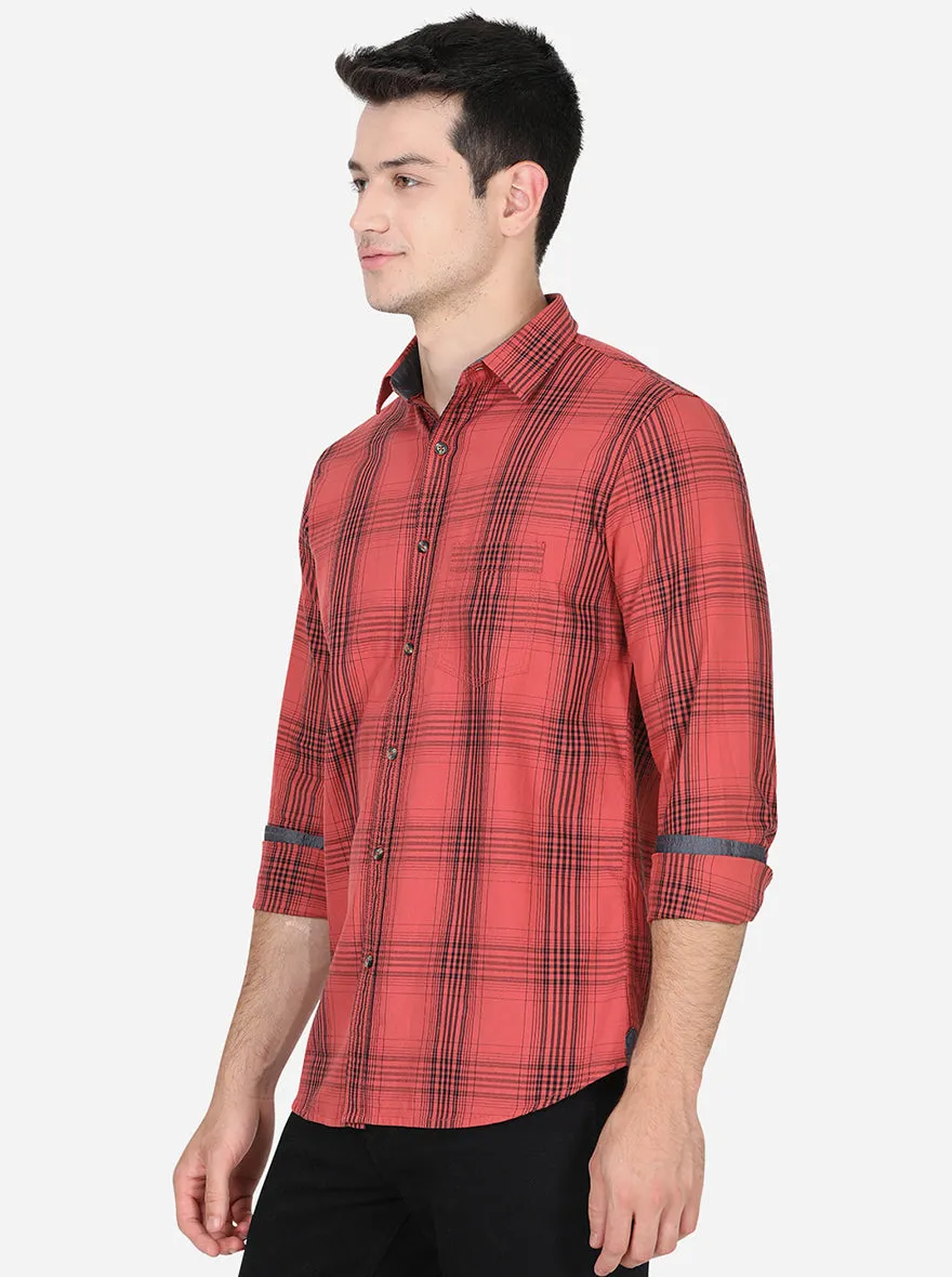 Spice Red Checked Slim Fit Semi Casual Shirt | JadeBlue