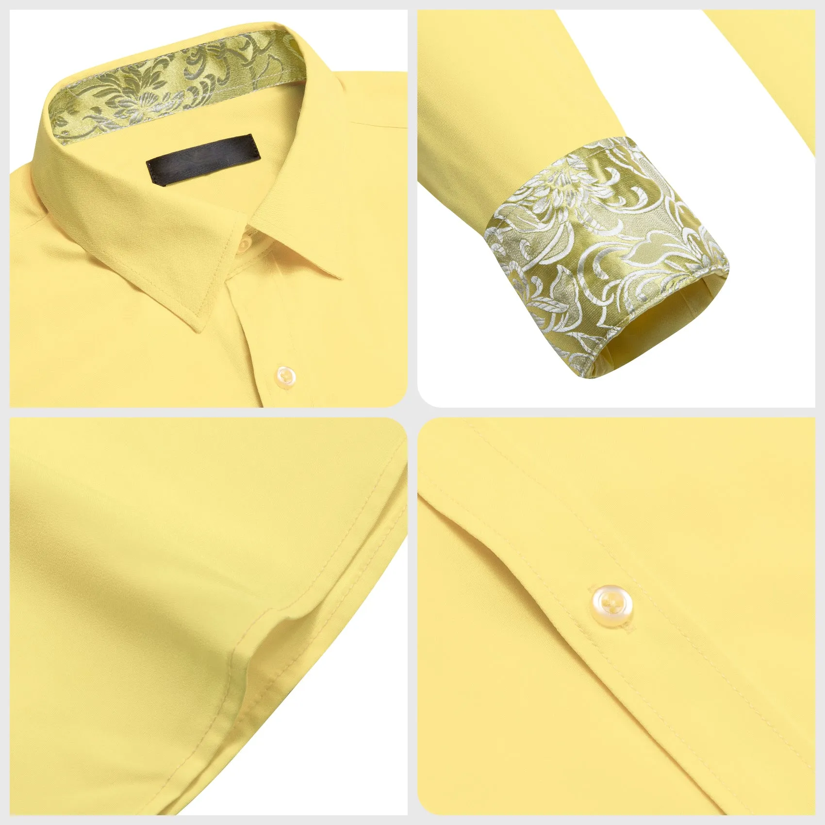 Splicing Style Baby Yellow with White Yellow Floral Edge Men's Long Sleeve Shirt