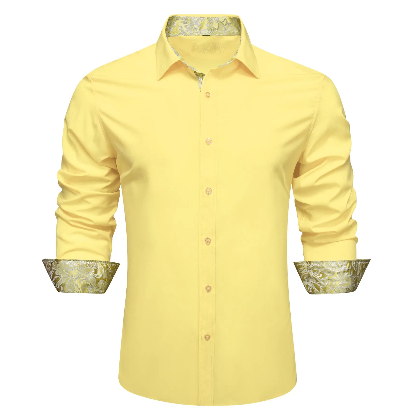 Splicing Style Baby Yellow with White Yellow Floral Edge Men's Long Sleeve Shirt