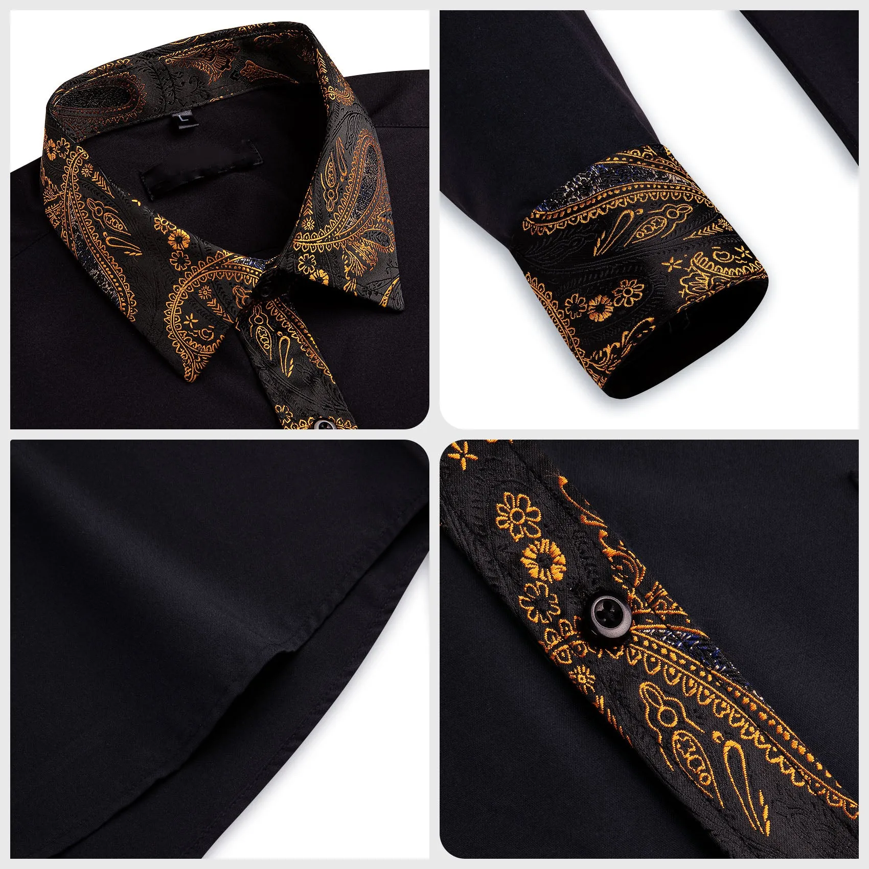 Splicing Style Black with Gold Paisley Flower Edge Men's Long Sleeve Shirt