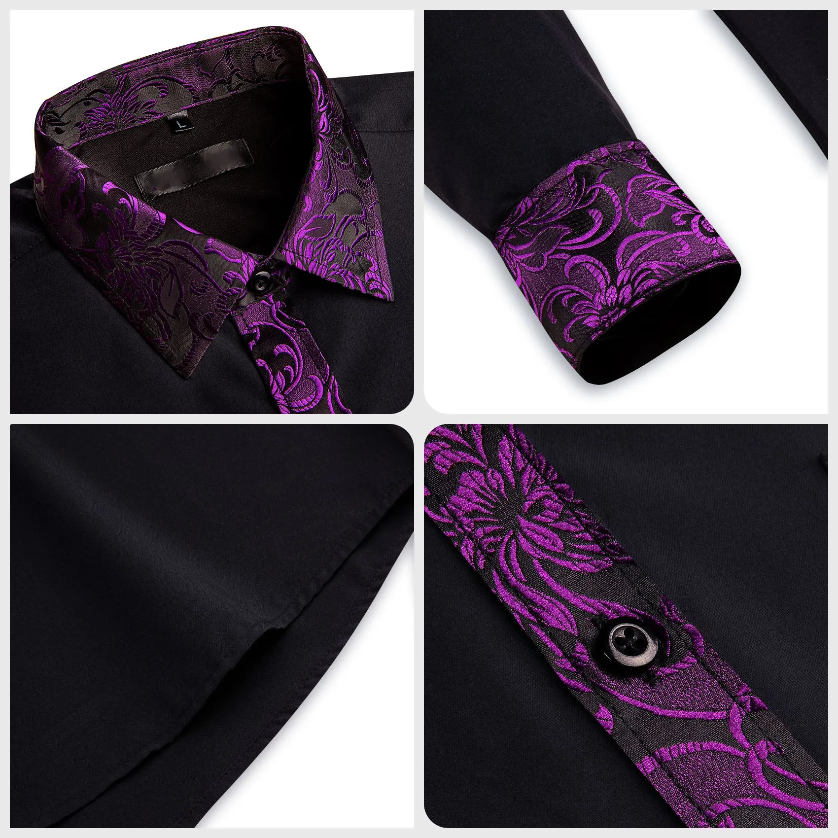 Splicing Style Black with Purple Floral Edge Men's Long Sleeve Shirt