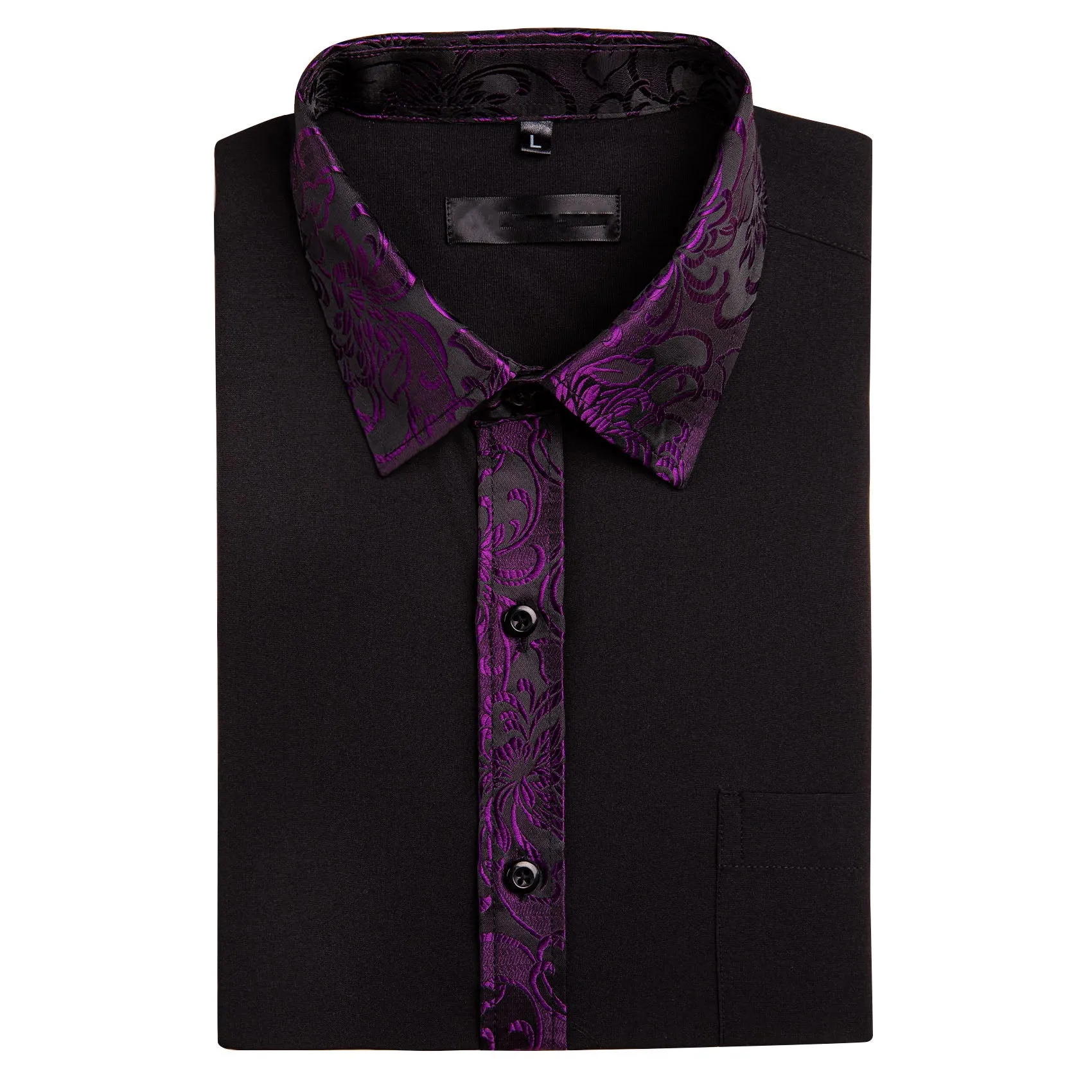 Splicing Style Black with Purple Floral Edge Men's Long Sleeve Shirt