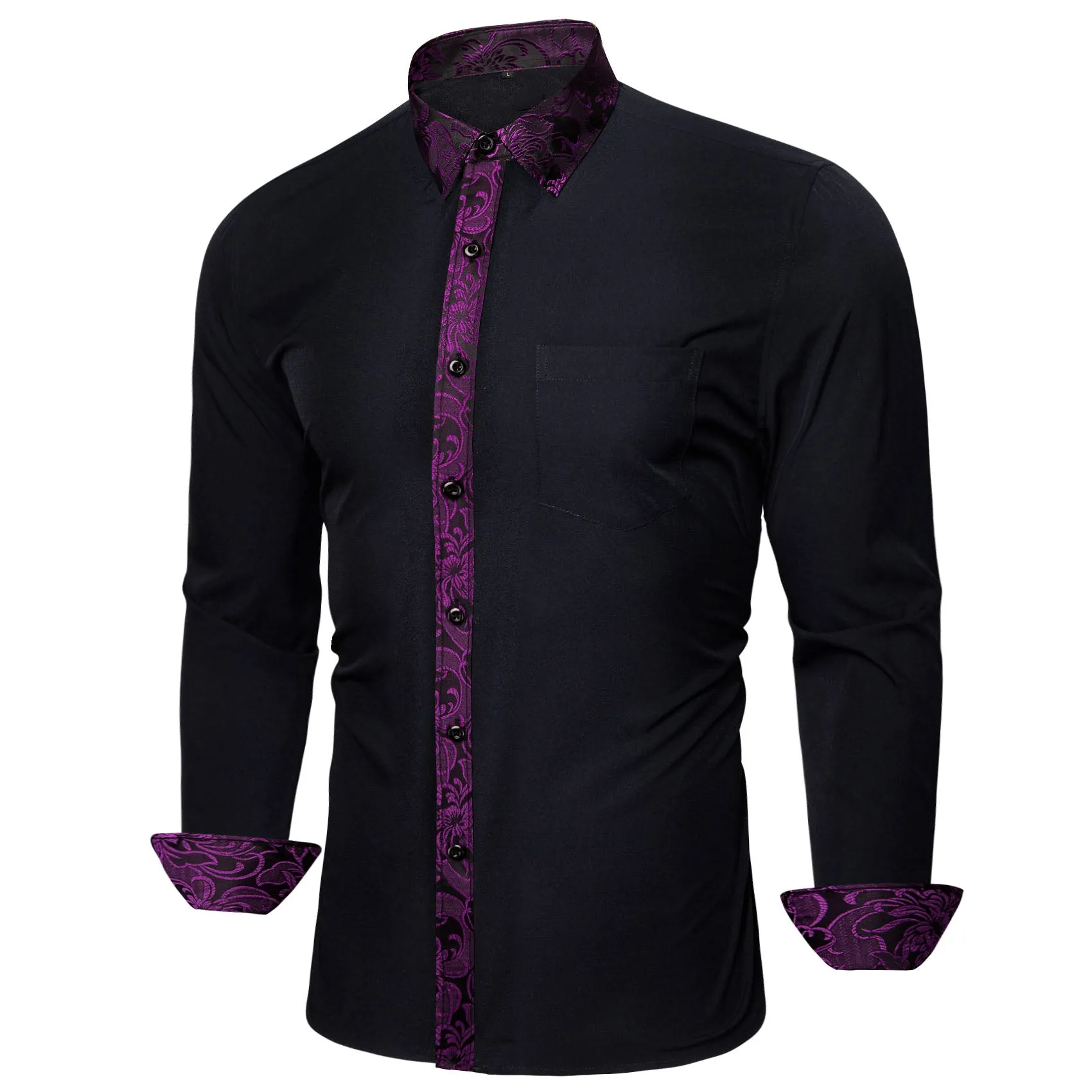 Splicing Style Black with Purple Floral Edge Men's Long Sleeve Shirt