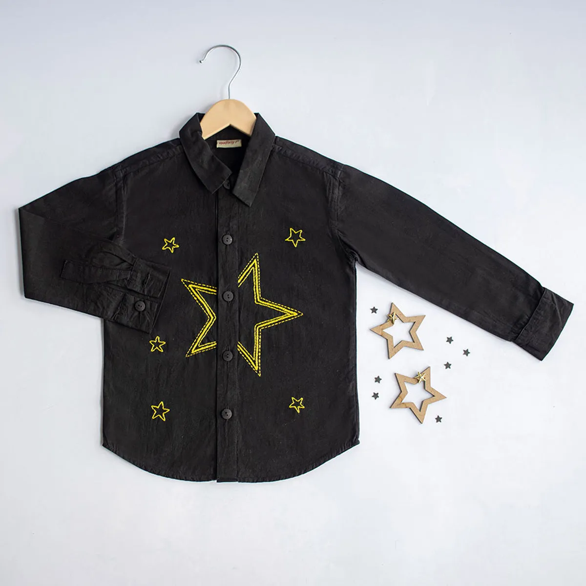 Stars Party Embroidered Shirt - Black