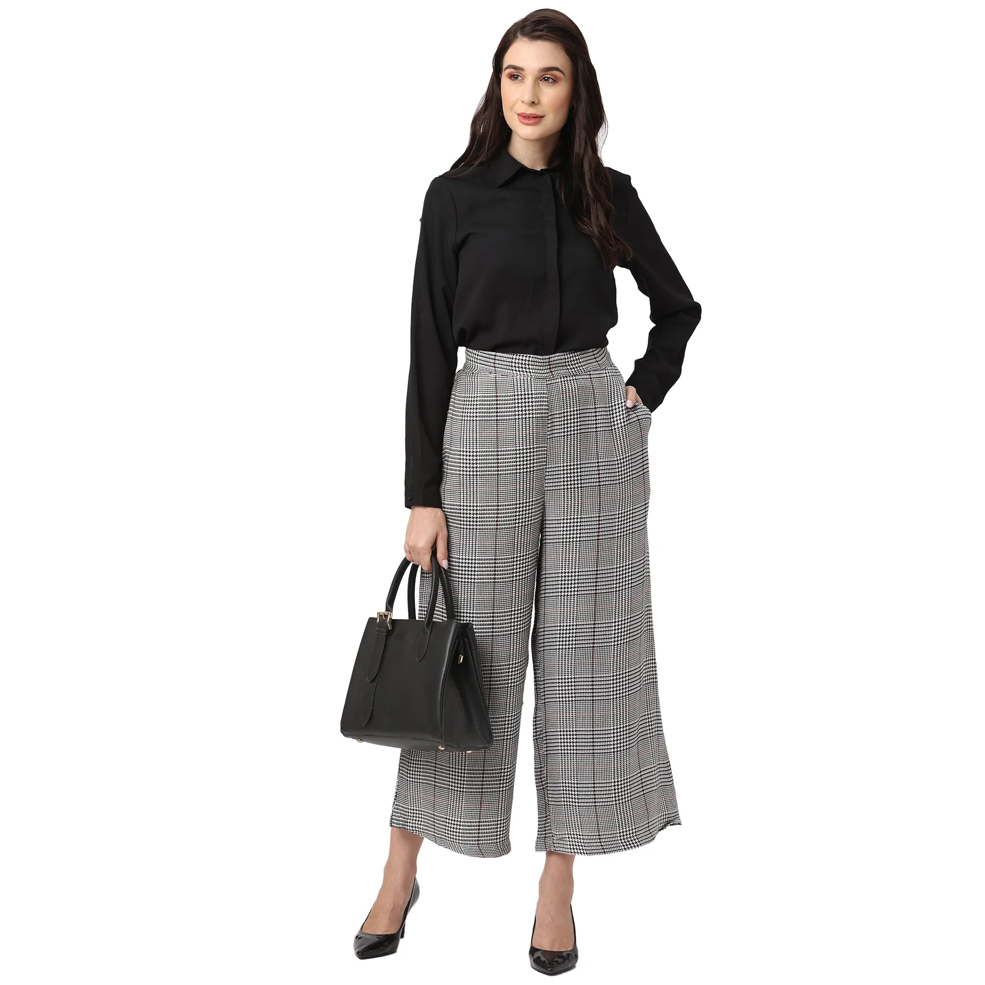 Stylish High Waist Grey Checkered Trousers for Women