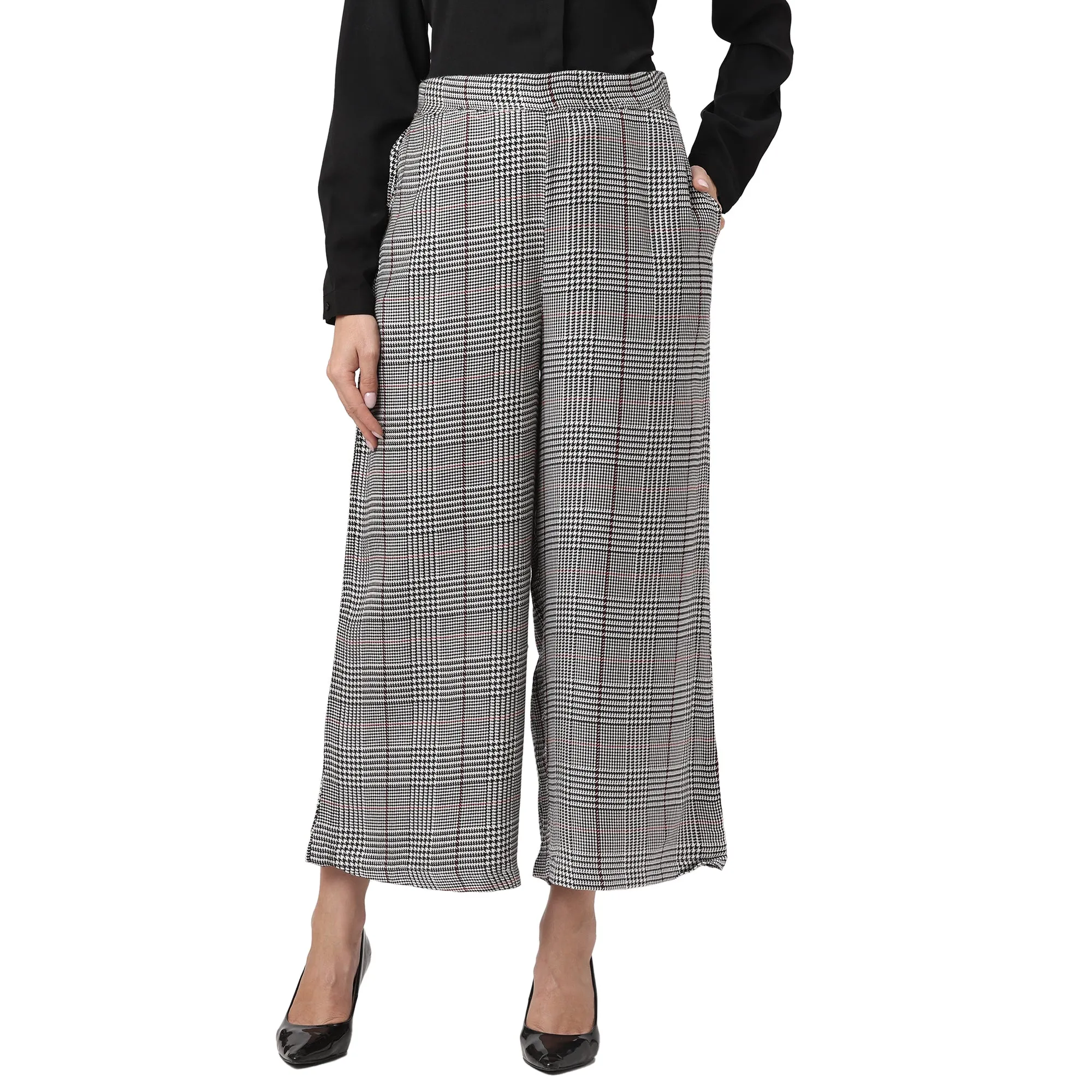 Stylish High Waist Grey Checkered Trousers for Women