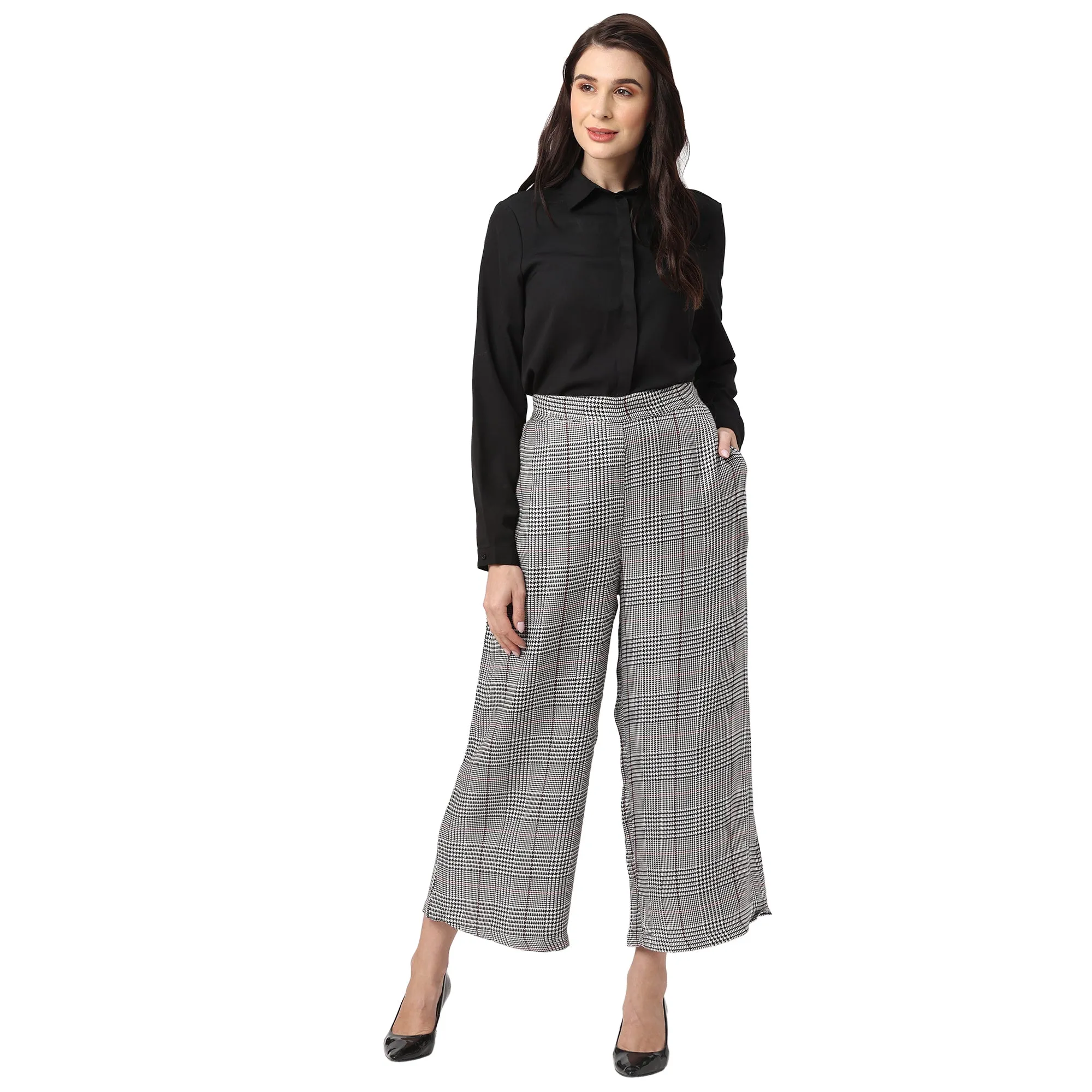 Stylish High Waist Grey Checkered Trousers for Women