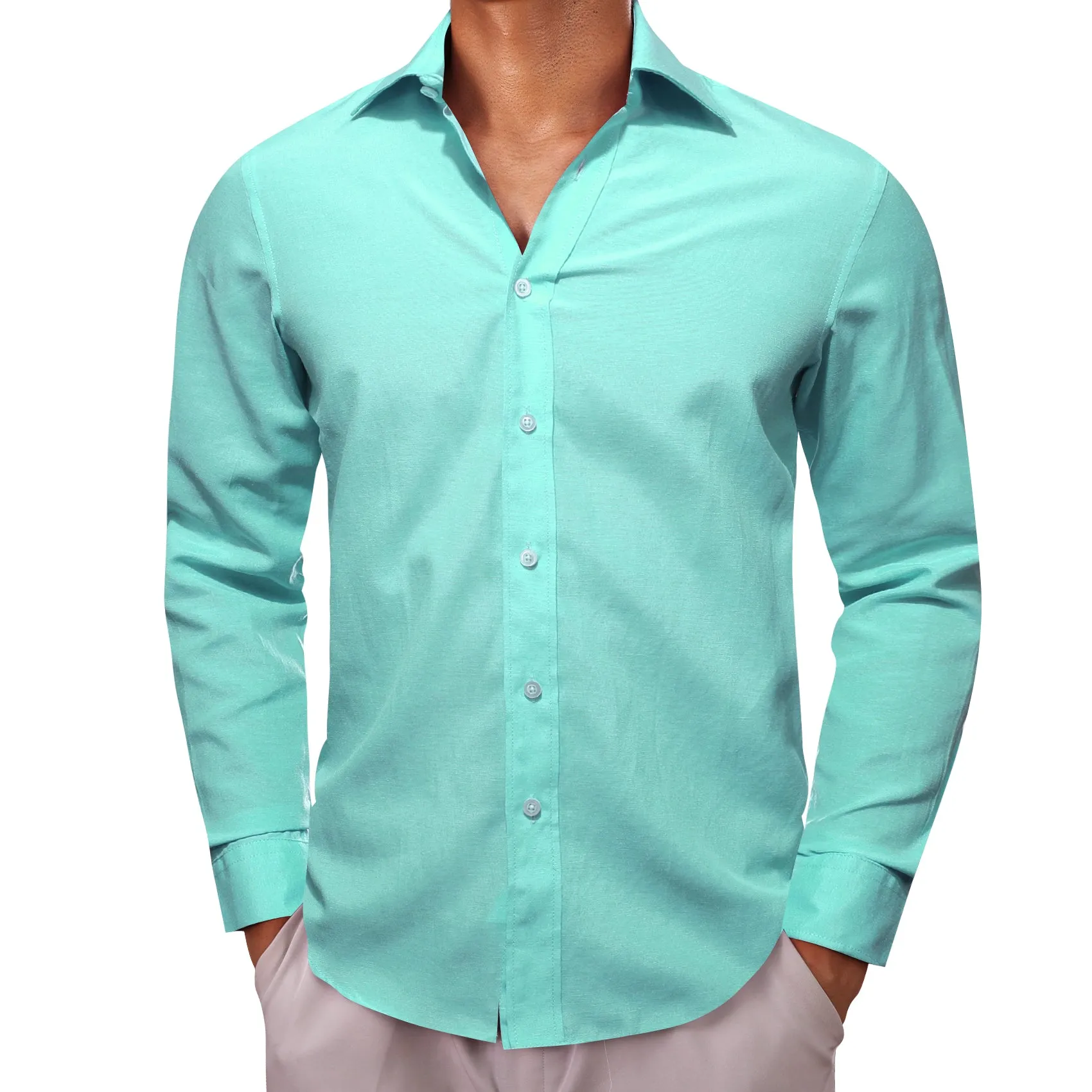 Teal Blue Solid Men's Long Sleeve Casual Shirt