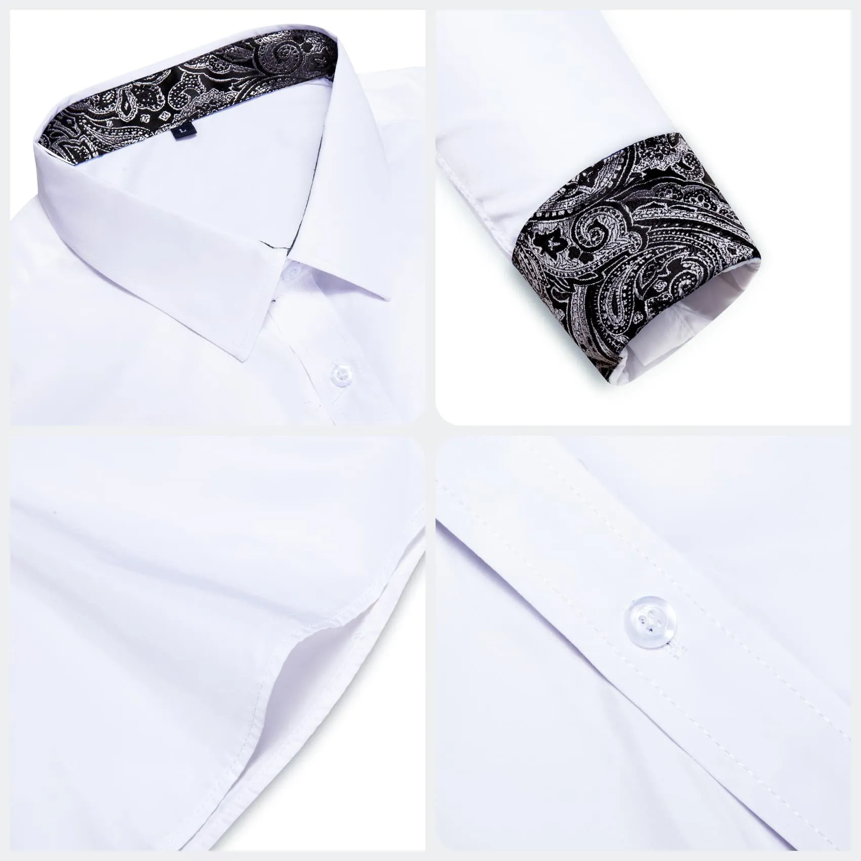 Ties2you Business Shirts White Solid Splicing Black Paisley Button Up Long Sleeve Shirts for Men