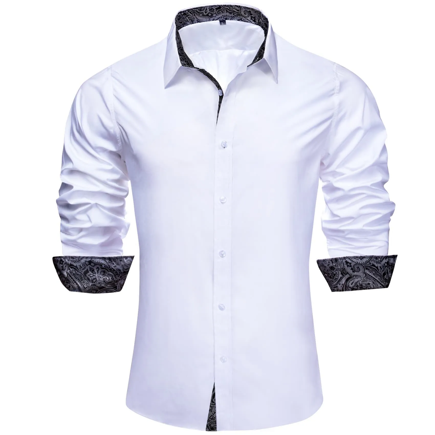 Ties2you Business Shirts White Solid Splicing Black Paisley Button Up Long Sleeve Shirts for Men