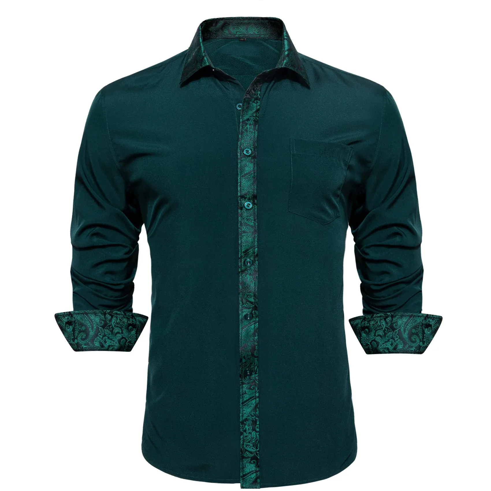 Ties2you Button Down Shirt Splicing Style Dark Green with Green Paisley Edge Men's Long Sleeve Shirt