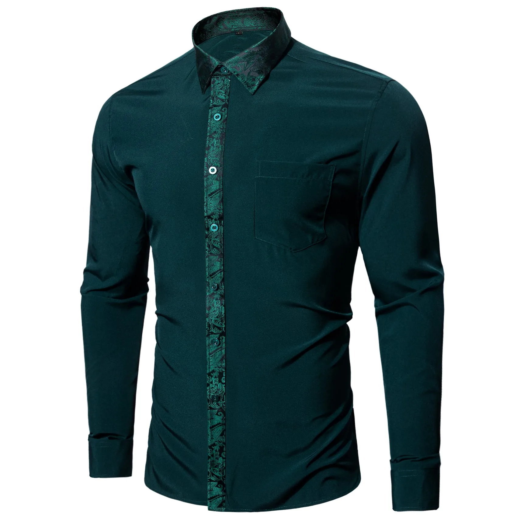 Ties2you Button Down Shirt Splicing Style Dark Green with Green Paisley Edge Men's Long Sleeve Shirt