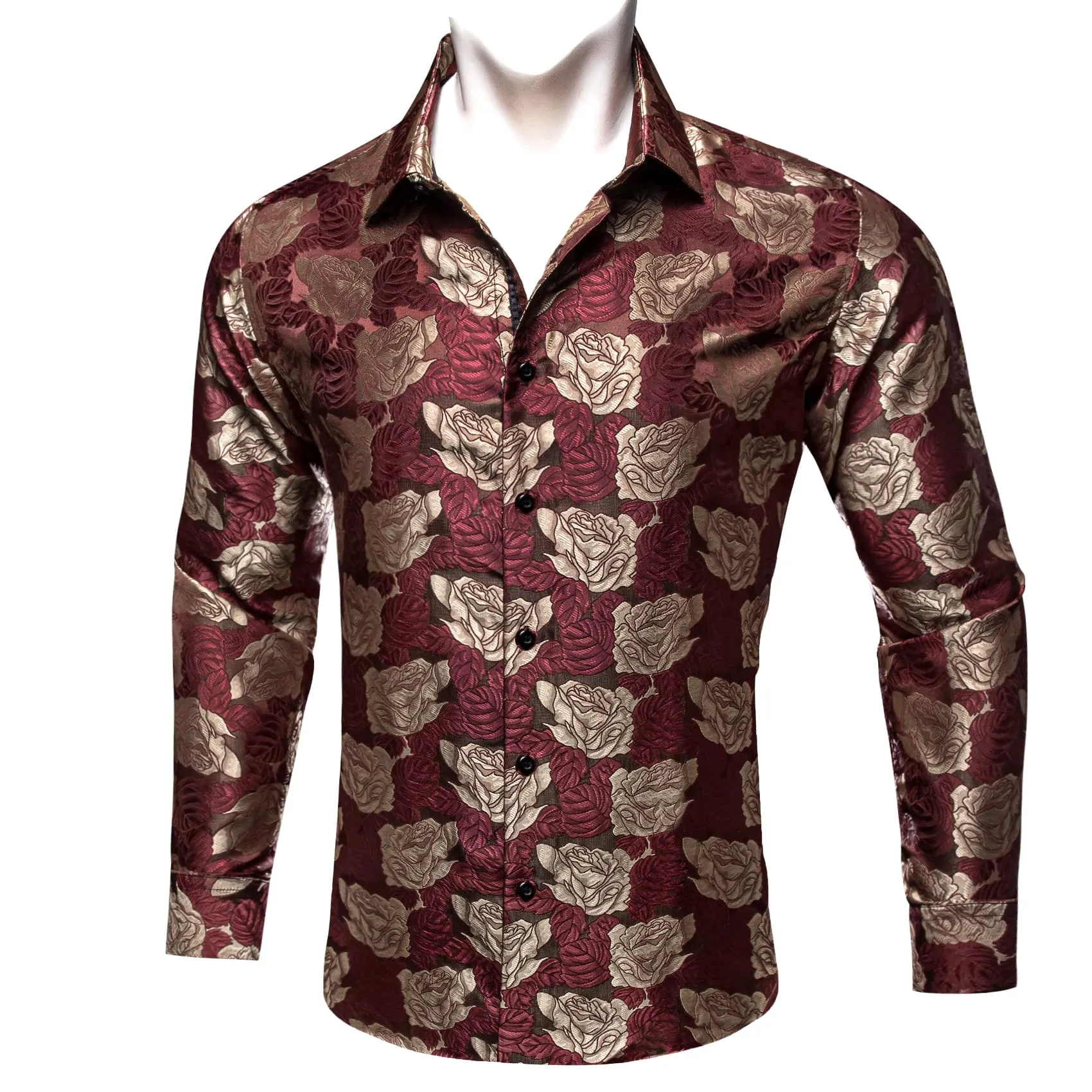 Ties2you Casual Shirt Deep Red Brown Rose Floral Long Sleeve Button Up Shirts for Men