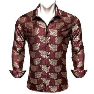 Ties2you Casual Shirt Deep Red Brown Rose Floral Long Sleeve Button Up Shirts for Men