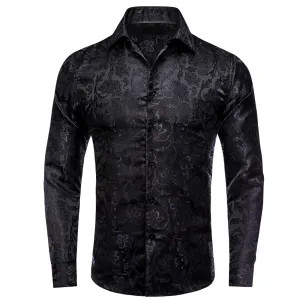 Ties2you Collared Shirt Onyx Black Floral Silk Long Sleeve Tuxedo Button Up Mens Shirts