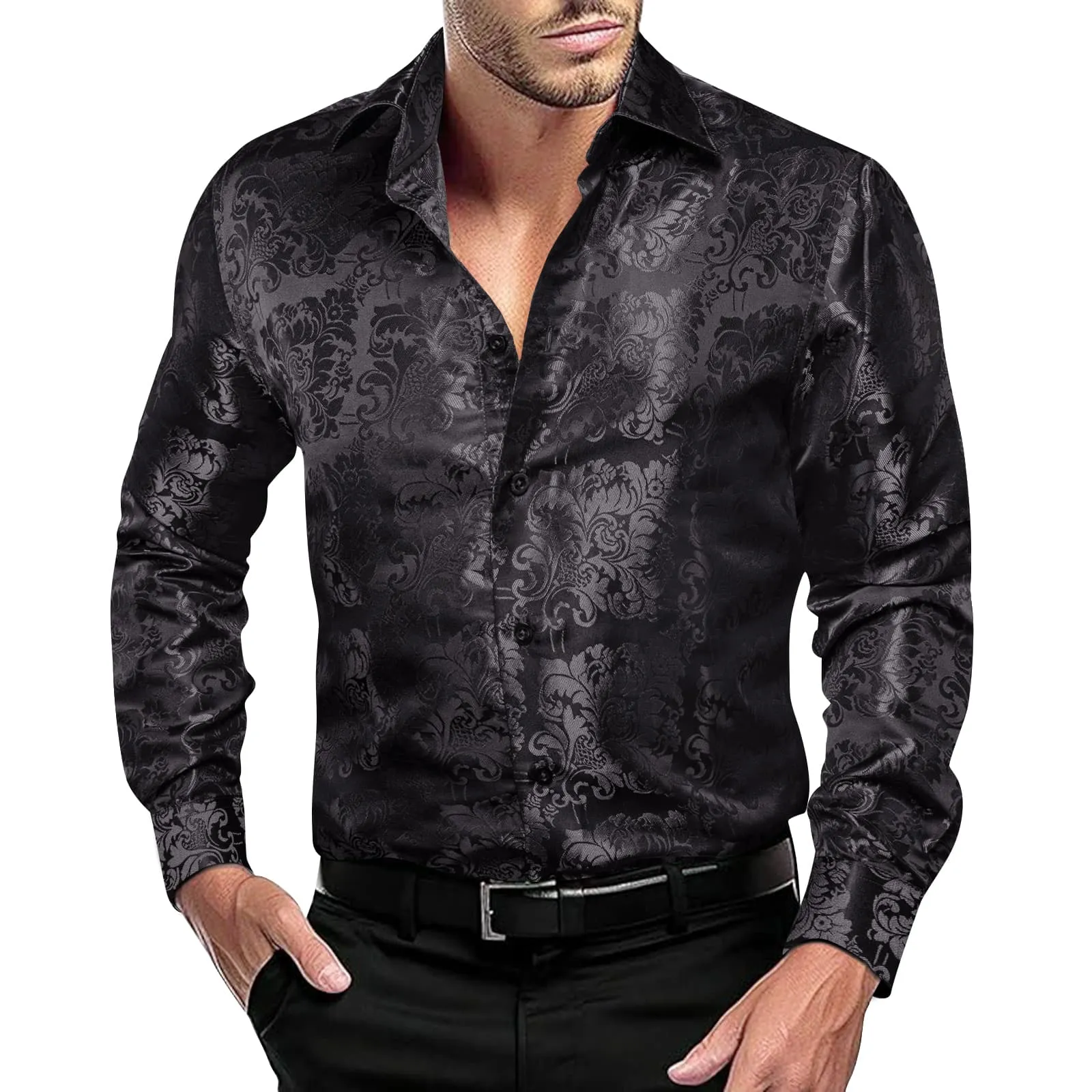 Ties2you Dress Shirt Black Floral Button Up Silk Long Sleeve Shirt for Men