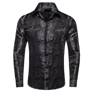 Ties2you Dress Shirt Black Floral Button Up Silk Long Sleeve Shirt for Men