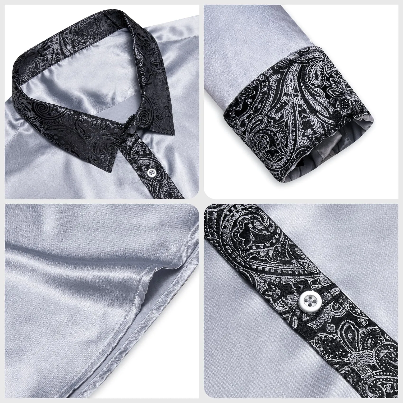 Ties2you Dress Shirt Coin Grey Solid Splicing Paisley Button Down Long Sleeve Shirts for Men