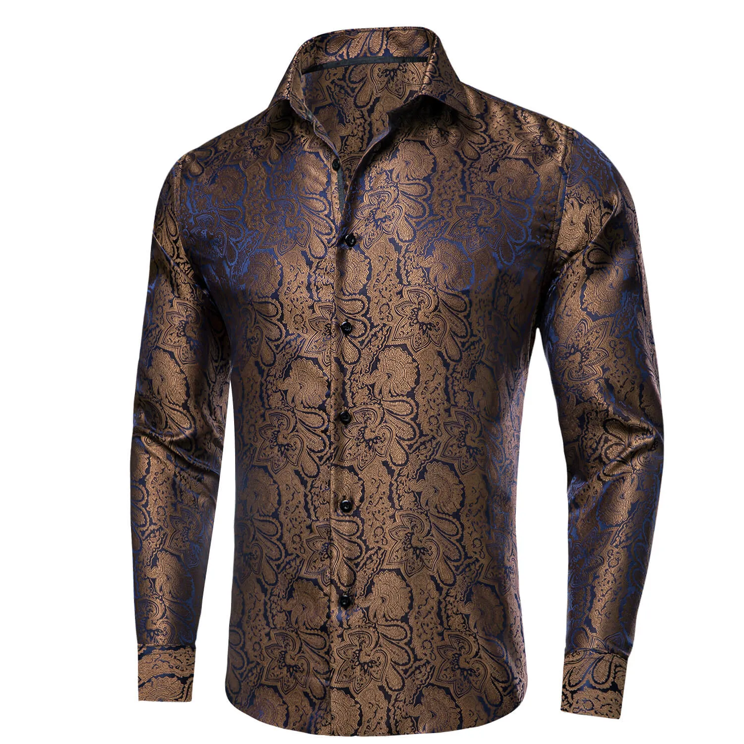 Ties2you Shirt for Men Peanut Brown Blue Jacquard Floral Silk Shirt