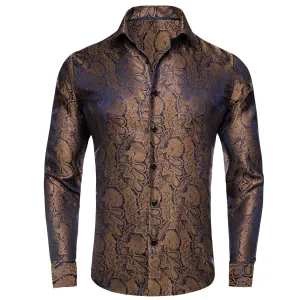 Ties2you Shirt for Men Peanut Brown Blue Jacquard Floral Silk Shirt