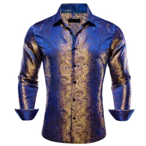 Ties2you Work Shirt Blue Yellow Paisley Silk Mens Button Down Long Sleeve Dress Shirt Top