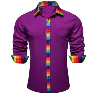 Ties2you Work Shirt Patriarch Purple Colorful Splicing Long Sleeve Silk Mens Button Up Shirt