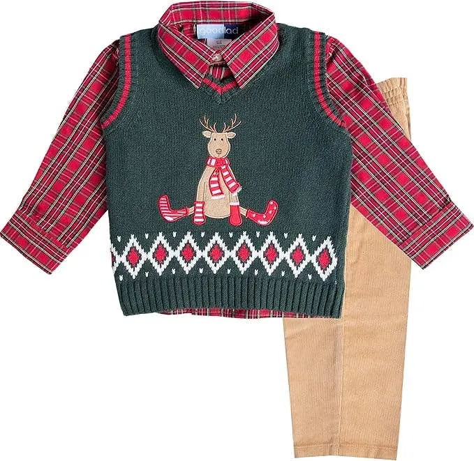 Toddler Boys Green Christmas Sweater Vest Set