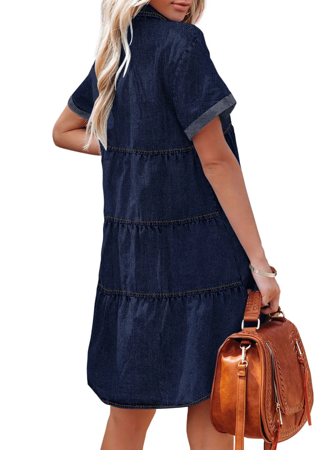 Twilight Blue Women's Short Sleeve Button Down Flowy Tiered Babydoll Denim Dress