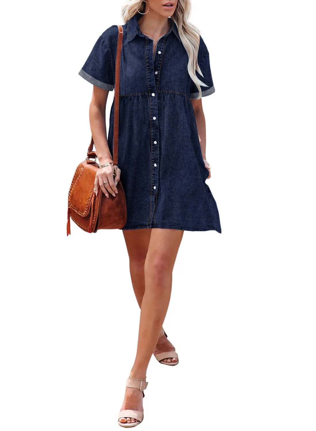 Twilight Blue Women's Short Sleeve Button Down Flowy Tiered Babydoll Denim Dress