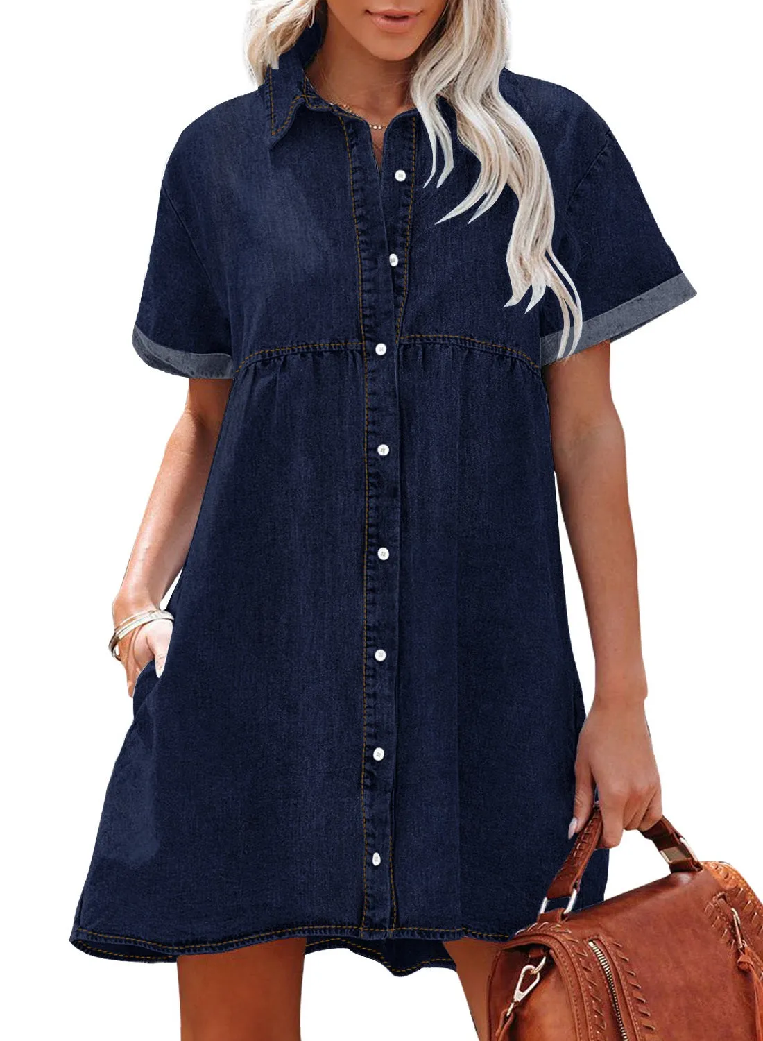 Twilight Blue Women's Short Sleeve Button Down Flowy Tiered Babydoll Denim Dress