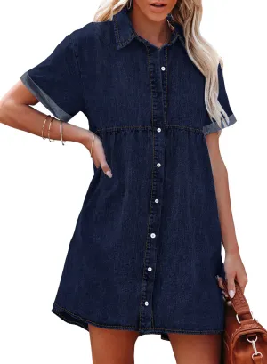 Twilight Blue Women's Short Sleeve Button Down Flowy Tiered Babydoll Denim Dress