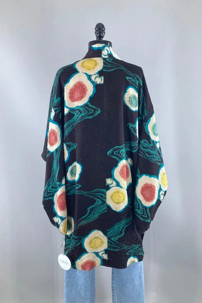 vintage 1930s Black and Aqua Silk Kimono Cardigan