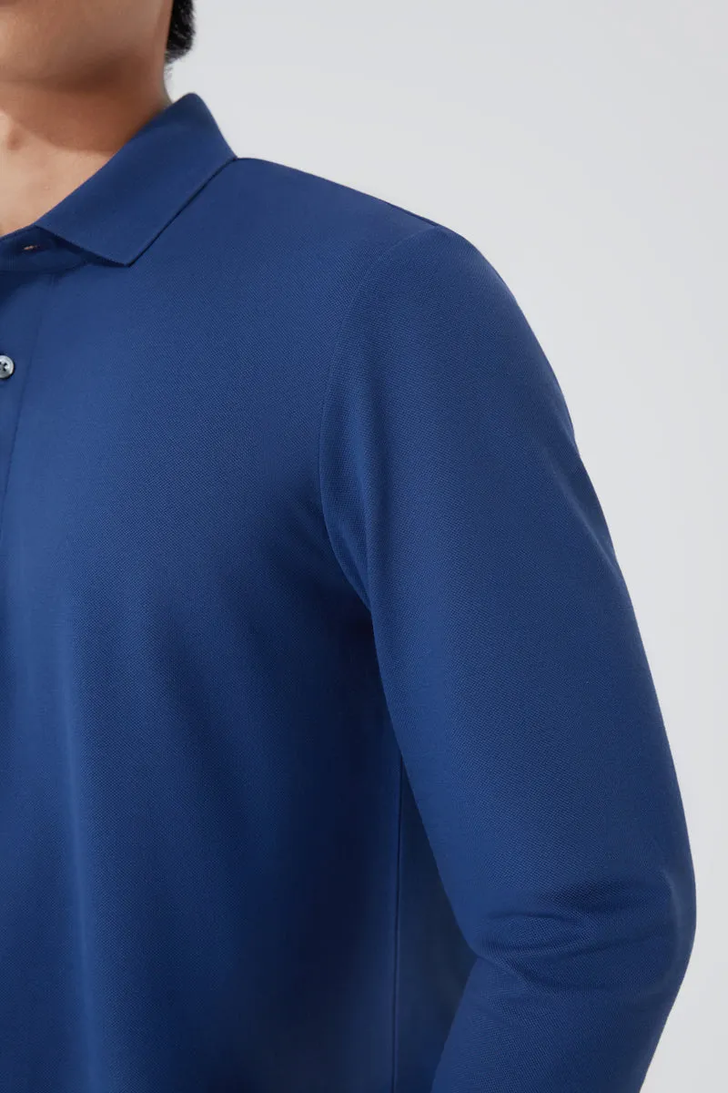 VISDRY™ Pique Long Sleeve Polo | Blue NYE073