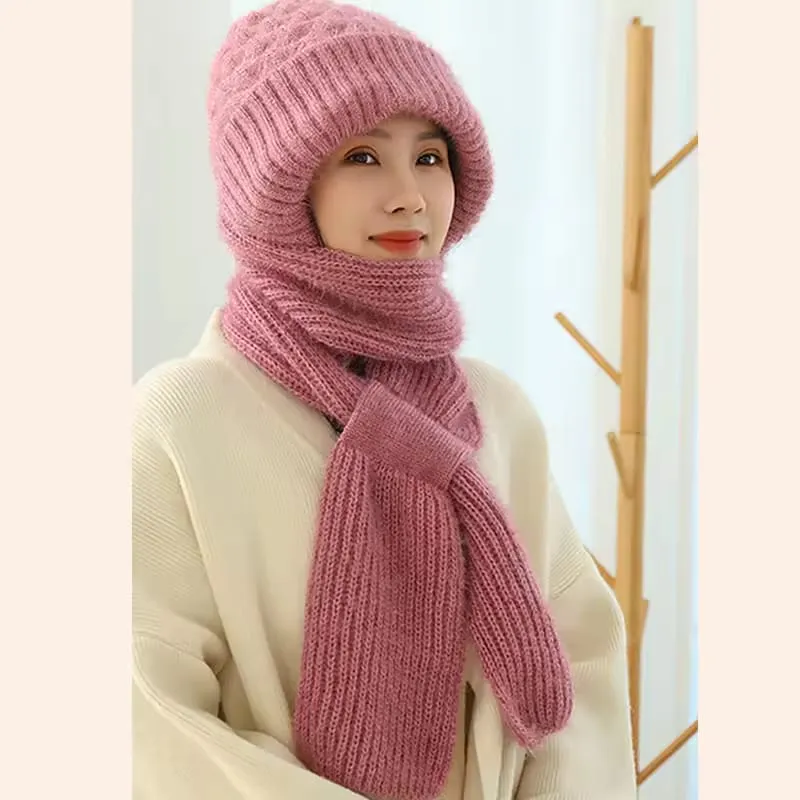 Warm Hooded Scarf Hat Winter Knitted Cap - 62634