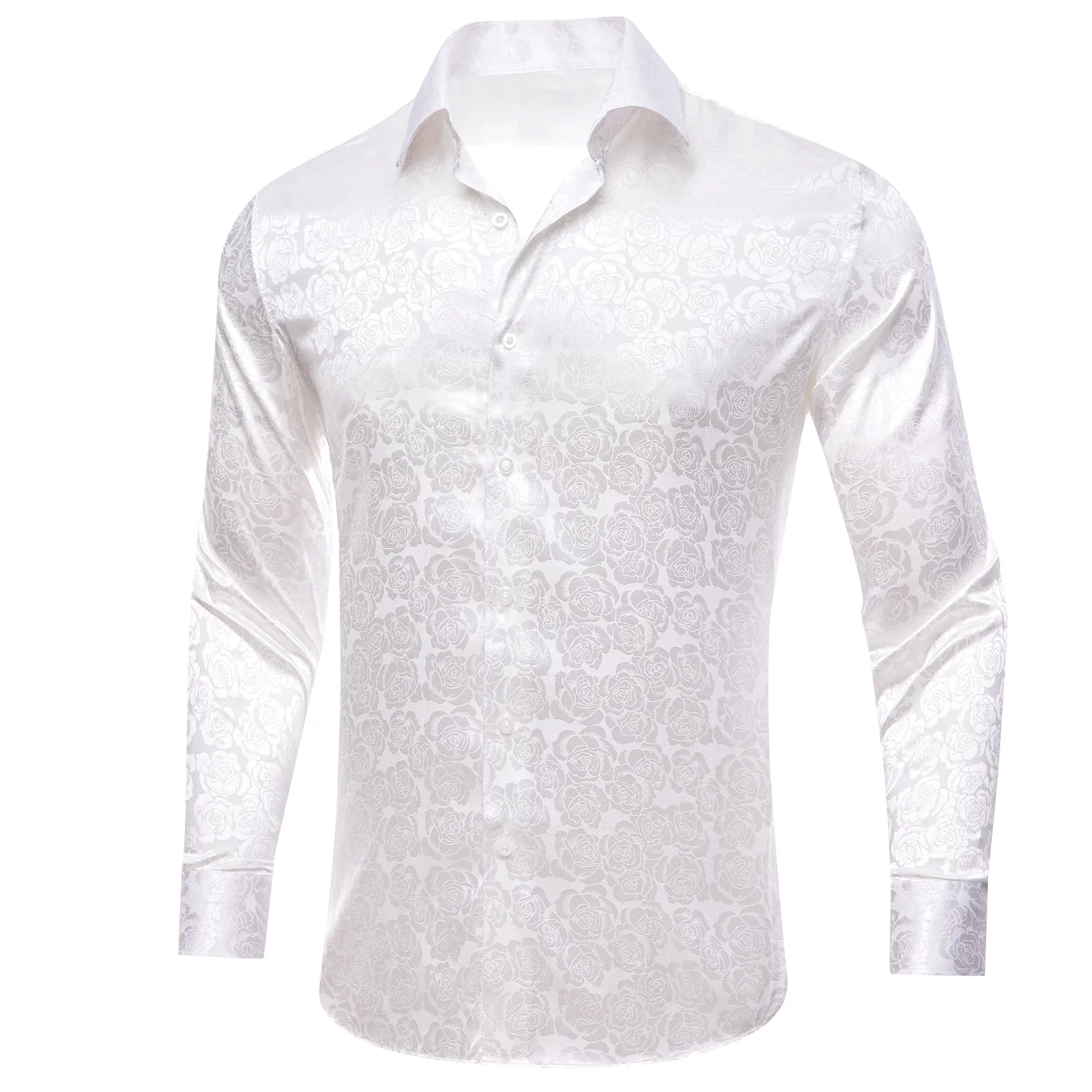 White Floral Rose Silk Men's Long Sleeve Shirt