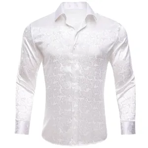 White Floral Rose Silk Men's Long Sleeve Shirt