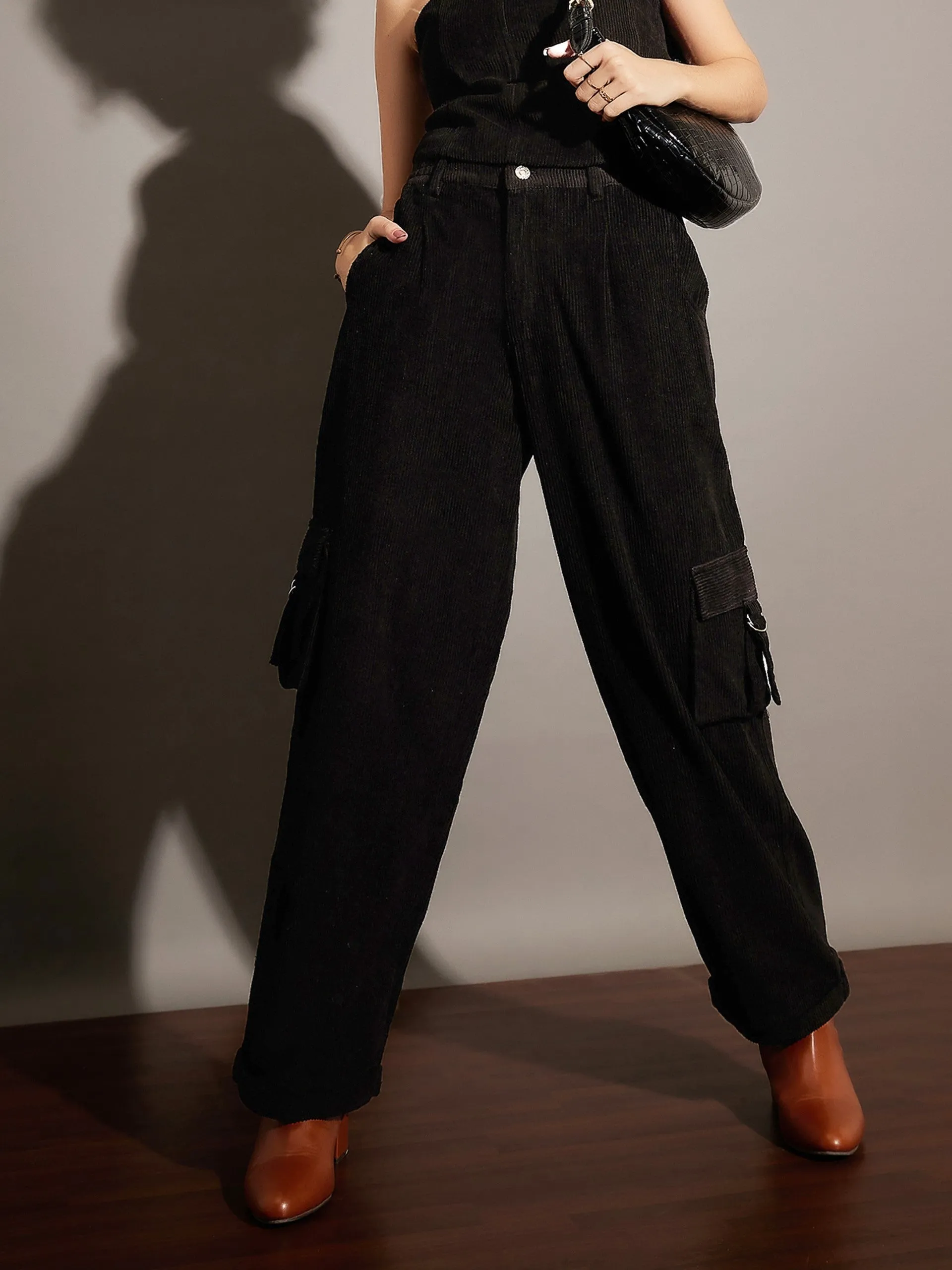 Women Black Corduroy Multi Pocket Cargo Pants