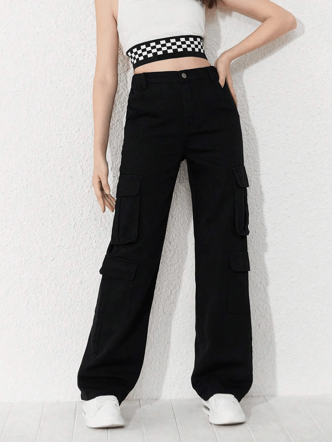 Women Wide Leg Flap Pocket Cargo Jeans - 6688#