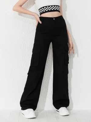 Women Wide Leg Flap Pocket Cargo Jeans - 6688#