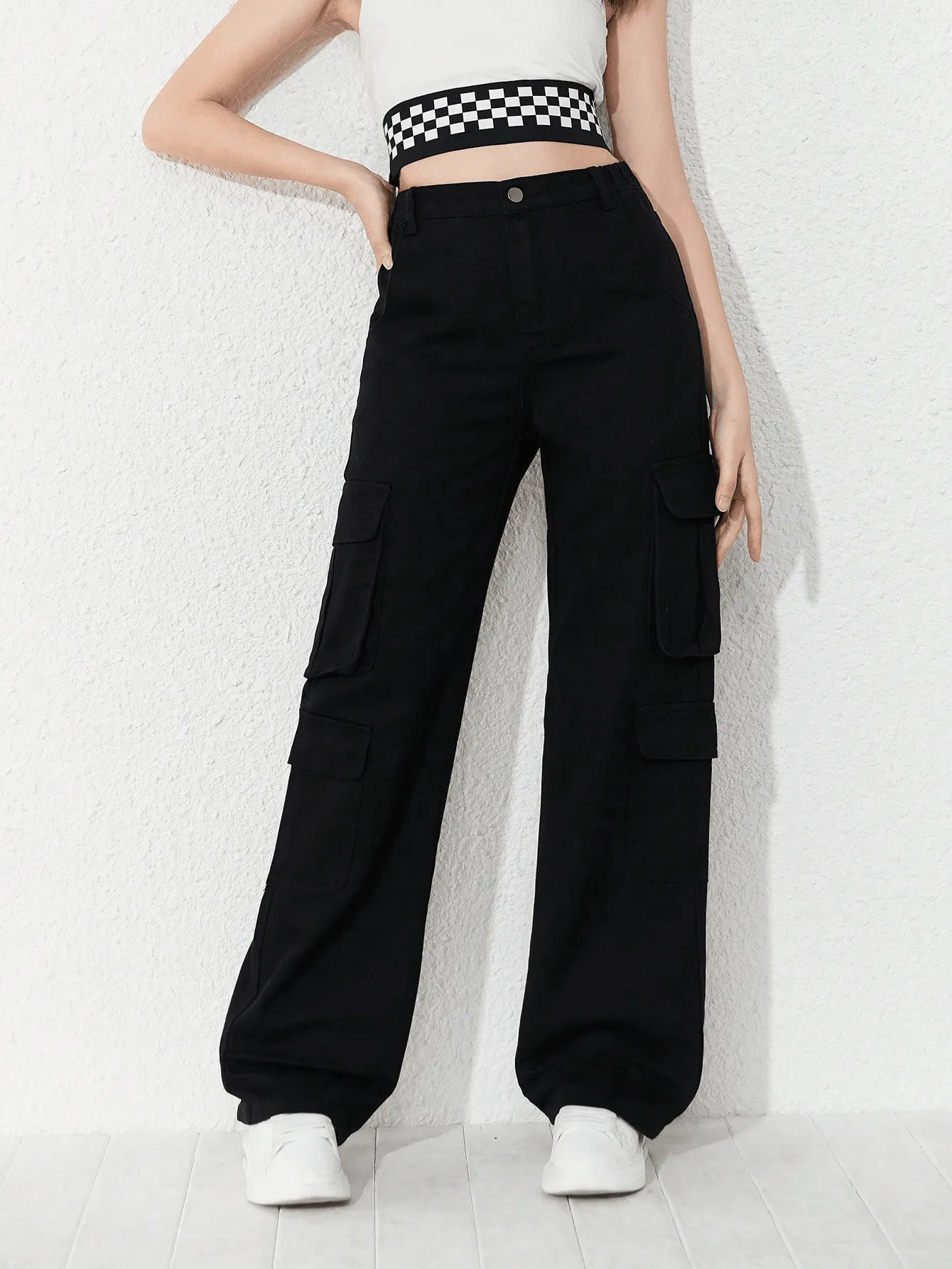 Women Wide Leg Flap Pocket Cargo Jeans - 6688#