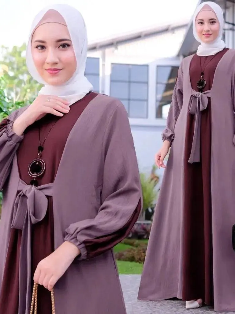 Women's gown Color Matching Lace Up Pullover Long Sleeved Dress abaya